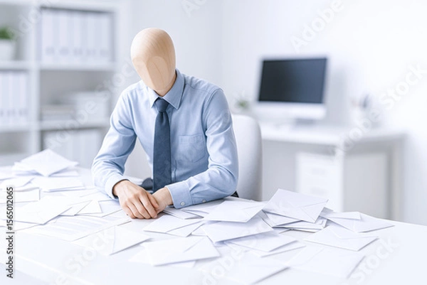 Fototapeta Faceless person formal office setting with desk cluttered with papers, wearing light blue shirt and tie, appears stressed or overwhelmed, highlighting daily work routine and stress with desire