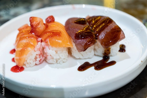 Fototapeta Close-up of four sushi pieces with salmon and tuna on rice, garnished with strawberry and teriyaki sauce on a white round plate with selective focus and copy space