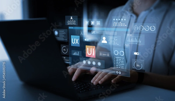 Fototapeta Web design, application design,coding develop.UX-UI design web and user design development.Holographic UI-UX, display icons of UX-UI designer, creative planning, data visualization. 