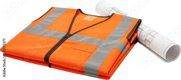 Fototapeta Folded orange high visibility safety vest with reflective strips positioned beside a rolled architectural blueprint on a
