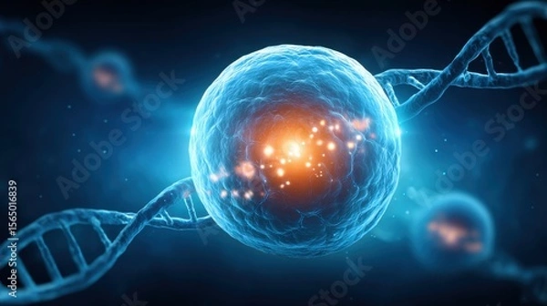 Fototapeta Individualized genomic medicine concept. A glowing blue cell with a bright nucleus is shown surrounded by DNA strands, illustrating cellular biology and genetic material interaction.