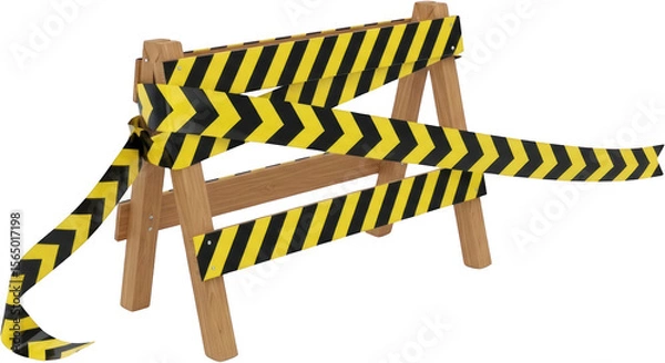 Fototapeta A wooden A frame barrier displaying multiple strands of black and yellow striped caution tape wrapped around its frame