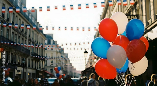 Fototapeta Vibrant Bastille Day Celebration on a Parisian Street with Red, White, and Blue Balloons