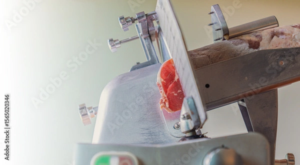 Obraz Industrial Meat Slicer Cutting Raw Meat