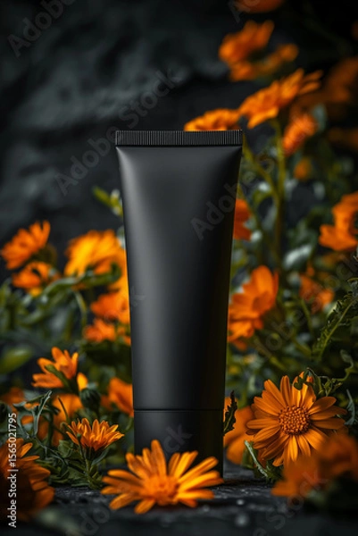 Fototapeta Luxurious Natural Cosmetic Bottle with Calendula Extract in Meadow Among Calendula Flowers and Fresh Herbs