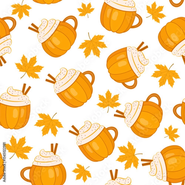 Obraz Seamless Autumn hot drink pattern set, hand drawn doodle Pumpkin spice latte.Vector Illustration