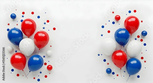 Fototapeta Bastille Day Celebration with Vibrant Red, White, and Blue Balloons and Confetti Border on Clean White Background and Copy Space
