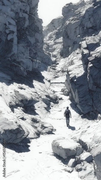 Fototapeta Detailed Ink Sketch of Lone Hiker in Rugged Mountain Canyon - Black and White Wilderness Exploration Art