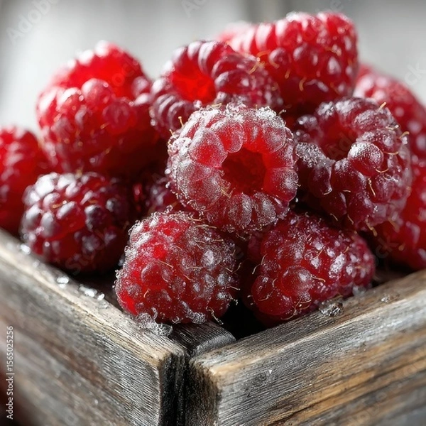 Fototapeta Lush Red Raspberries Freshly Harvested in Rustic Wooden Crate - Delicious Ripe Berries for Healthy Food Concepts