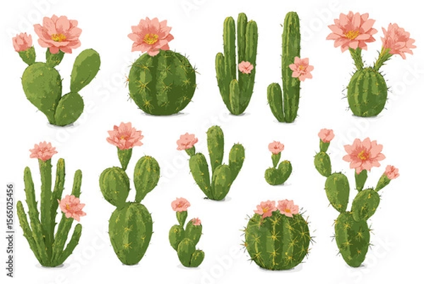 Fototapeta Cactus and flower collection vector illustration for nature posters and designs