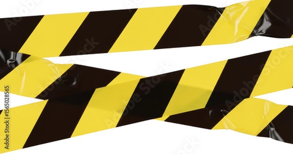 Fototapeta Two distinct strips of vibrant yellow and black diagonal striped hazard tape Glossy wrinkled surface details are visible