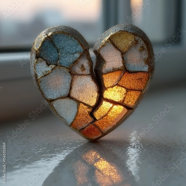 Fototapeta Cracked Porcelain Heart with Multi-Toned Kintsugi and Inner Radiance, Reflecting Hope, Healing, and Transformed Beauty, Ideal for Conceptual Artwork, Emotional Themes, and Inspirational Designs