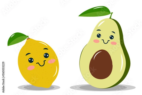 Fototapeta Two cheerful cartoon characters of a lemon and an avocado are displayed side by side. Each has a happy expression and leaves on their heads, creating a friendly vibe