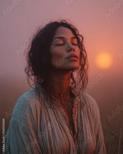 Fototapeta Peaceful Woman with Eyes Closed Meditating in a Misty Field at Sunrise, Bathed in the Soft Glow of the Rising Sun