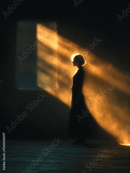 Fototapeta Mystical Silhouette: Woman Bathed in Golden Light Through Dusty Window, Ethereal Scene of Hope, Solitude, and Inner Peace