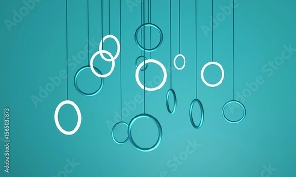 Fototapeta Abstract background of neon and blue metallic rings in random arrangement. Modern background for product visualization. 3d rendering.