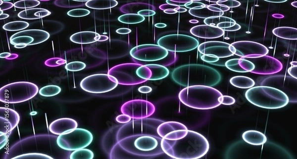 Fototapeta Abstract background of green and purple neon raindrops. Digital multicolor glowing background. 3d rendering