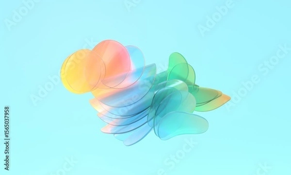 Fototapeta 3d abstract round glass curved discs with gradient in random arrangement. Modern graphic minimalism. Glass style. 3d rendering.
