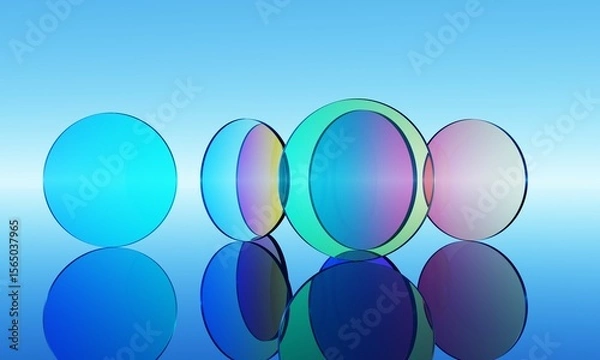 Fototapeta Abstract background of gradient glass disks in ramdom arrangement on mirror surface. Modern graphic design, neo-futuristic scene. 3d rendering.