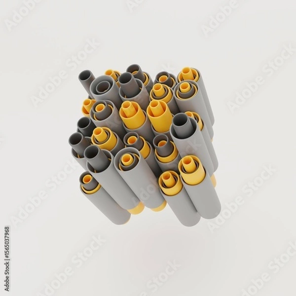 Fototapeta 3d abstraction of yellow-gray tubes in dynamics, grouped in the form of a cube with a slope. Abstract background of geometric figures in a futuristic style. 3d rendering.
