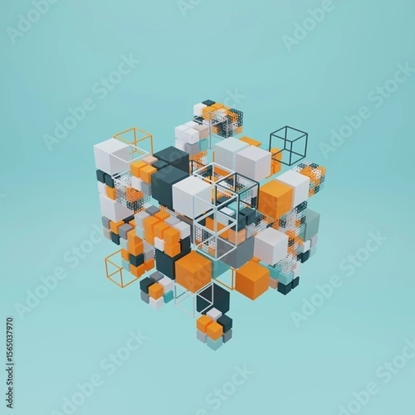 Fototapeta Abstract background of square objects in cubic style. Three-dimensional futuristic geometric figures in isometric projection.3d rendering.
