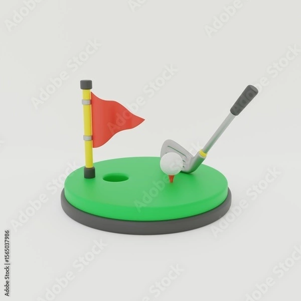 Fototapeta 3d icon of golf club and ball with hole and flag on golf course. Ball sport for the whole family. 3d rendering.