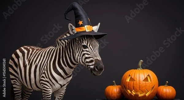 Fototapeta Zebra in Witch Hat with Pumpkins - A zebra wearing a witch's hat looks at jack-o'-lanterns. Halloween theme