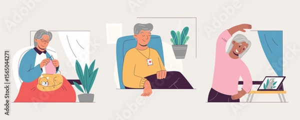 Fototapeta Vector flat set of senior people at home doing everyday activities, knitting with a cat, relaxing with emergency device, and exercising with online guidance. Healthy and safe aging lifestyle concept.