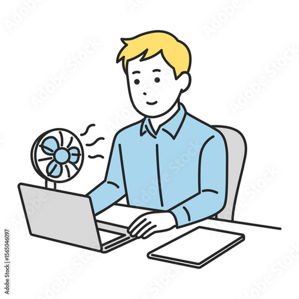 Fototapeta デスクで扇風機を使いながら仕事をする男性（夏のオフィス）