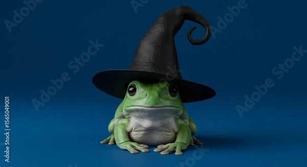 Fototapeta Frog in Witch's Hat Halloween Costume - A cute green frog wearing a black witch's hat, symbolizing Halloween, magic, whimsy, autumn, and enchantment