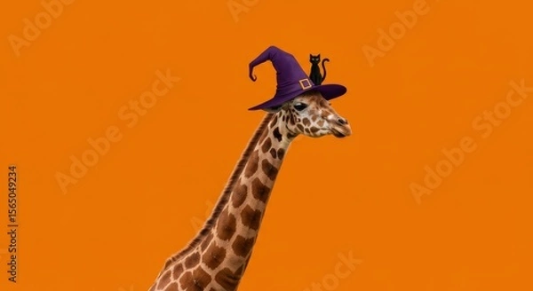Fototapeta Giraffe Witch Halloween Costume - A giraffe wearing a witch's hat with a black cat perched on top, symbolizing Halloween, fun, whimsical, animals, and autumn