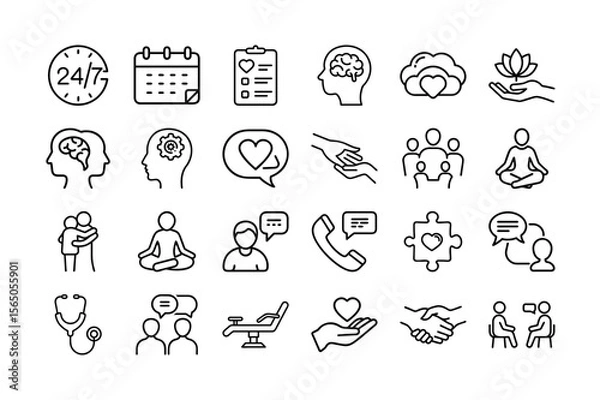 Fototapeta Mental Health & Therapy Vector Icon Set. Featuring 24/7 Care, Calendar, Counseling, Therapy, Communication, Stethoscope, Yoga, Support, and More. Vector Illustration. Editable Stroke.