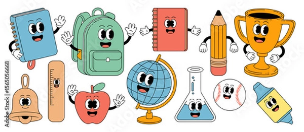 Fototapeta Back to school cartoon character education objects group with textbook, backpack,