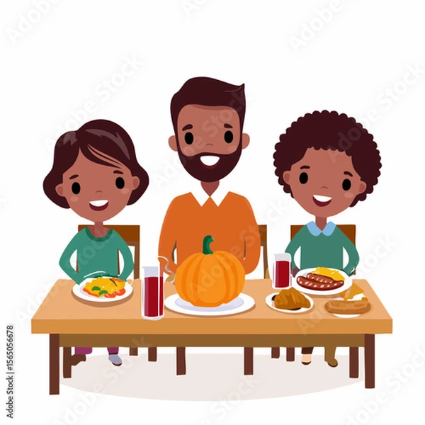 Fototapeta Family Feast: A heartwarming illustration of a family enjoying a festive meal at a wooden table, celebrating a special occasion and enjoying each other's company.