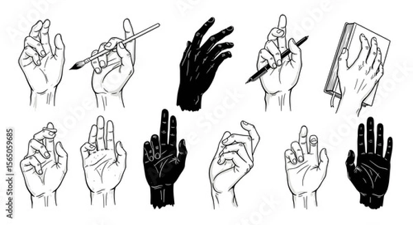 Fototapeta Set of hand gestures, drawing hands, hands holding items, creativity, line art, illustration
