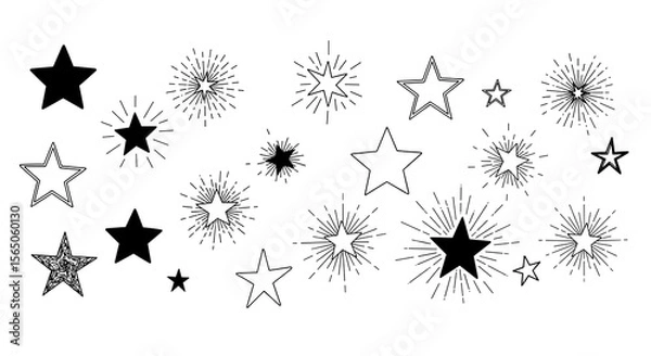 Fototapeta Stars collection vector, starry elements, sparkles, glitter, outline, festive, decorative