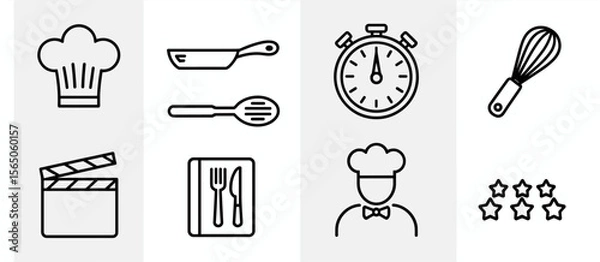 Fototapeta Culinary arts line icons: Cooking, chef hat, cookbook, whisk, timer and rating stars.