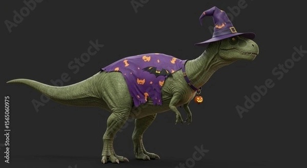 Fototapeta Tyrannosaurus Rex in Halloween Costume - A cute Tyrannosaurus Rex wearing a witch's hat and a Halloween-themed cape. Perfect for Halloween-themed designs and projects
