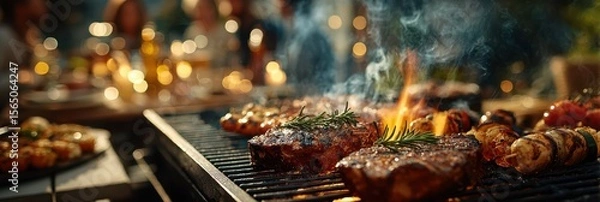 Obraz Grilling meat with herbs and vegetables during a summer evening gathering outdoors