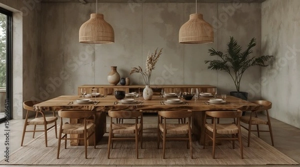 Fototapeta Wabi-Sabi Dining Room with Live Edge Table and Woven Pendant Lights