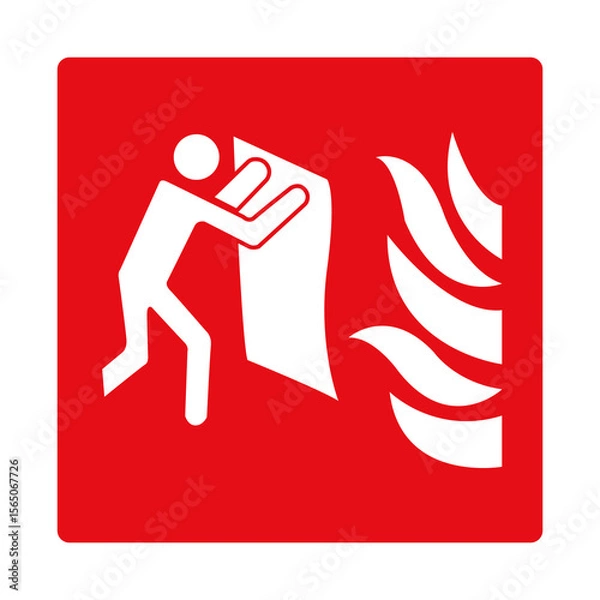 Fototapeta Fire blanket. Red fire sign. Fire equipment sign. Indication of the location of a fire blanket. Flame localization by blocking oxygen access. Extinguishing small fires.