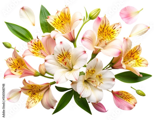 Fototapeta Flat Lay Alstroemeria Flower Composition with Scattered Petals and Stems, isolated on transparent.