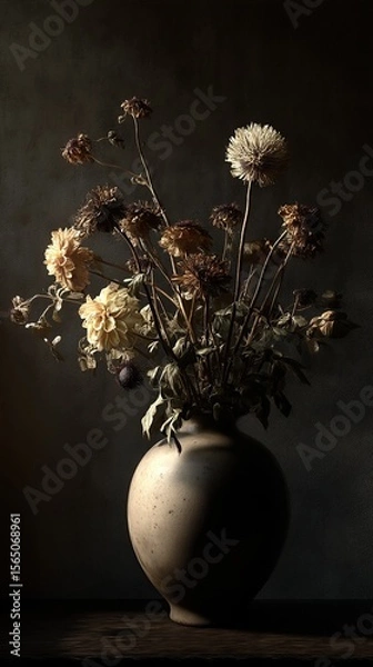 Fototapeta Dried flowers arranged in a ceramic vase against a dark backdrop, creating a moody still life.