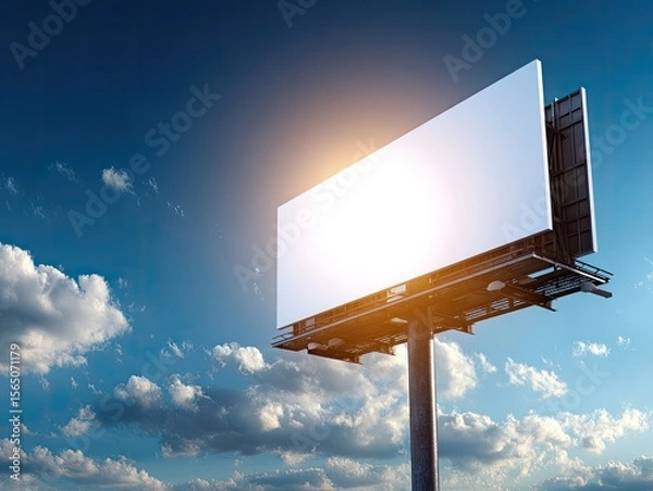 Fototapeta Empty White Billboard Against Clear Blue Sky With Clouds And Sunlight