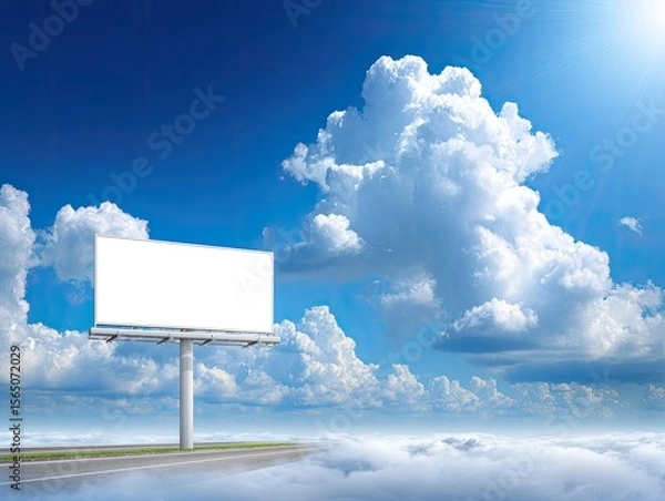 Fototapeta Empty White Billboard Against Blue Sky With Fluffy Clouds and Sunlight