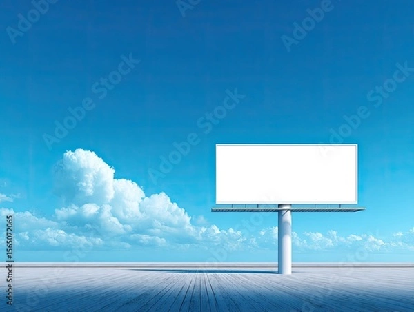 Fototapeta Empty White Billboard Against A Clear Blue Sky With Fluffy Clouds