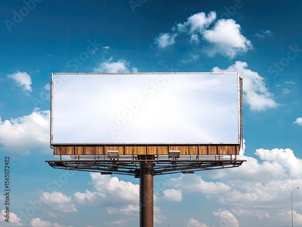 Fototapeta Empty Blank Billboard Against Clear Blue Sky with Soft White Clouds Above