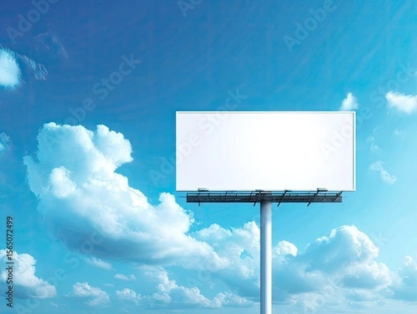 Fototapeta Empty White Billboard Over Bright Blue Sky Surrounded By Fluffy Clouds
