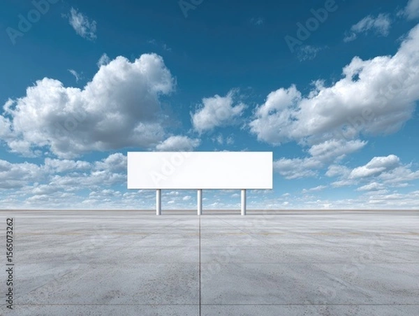 Fototapeta Blank White Billboard Against Blue Sky With Clouds In A Minimal Landscape