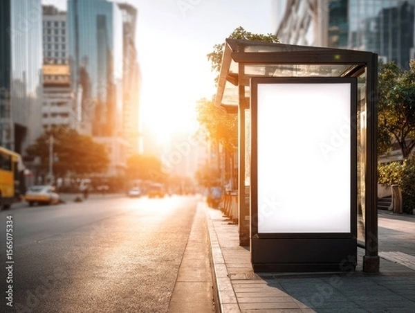 Fototapeta Empty Blank Billboard At Urban Bus Stop During Sunset In A City
